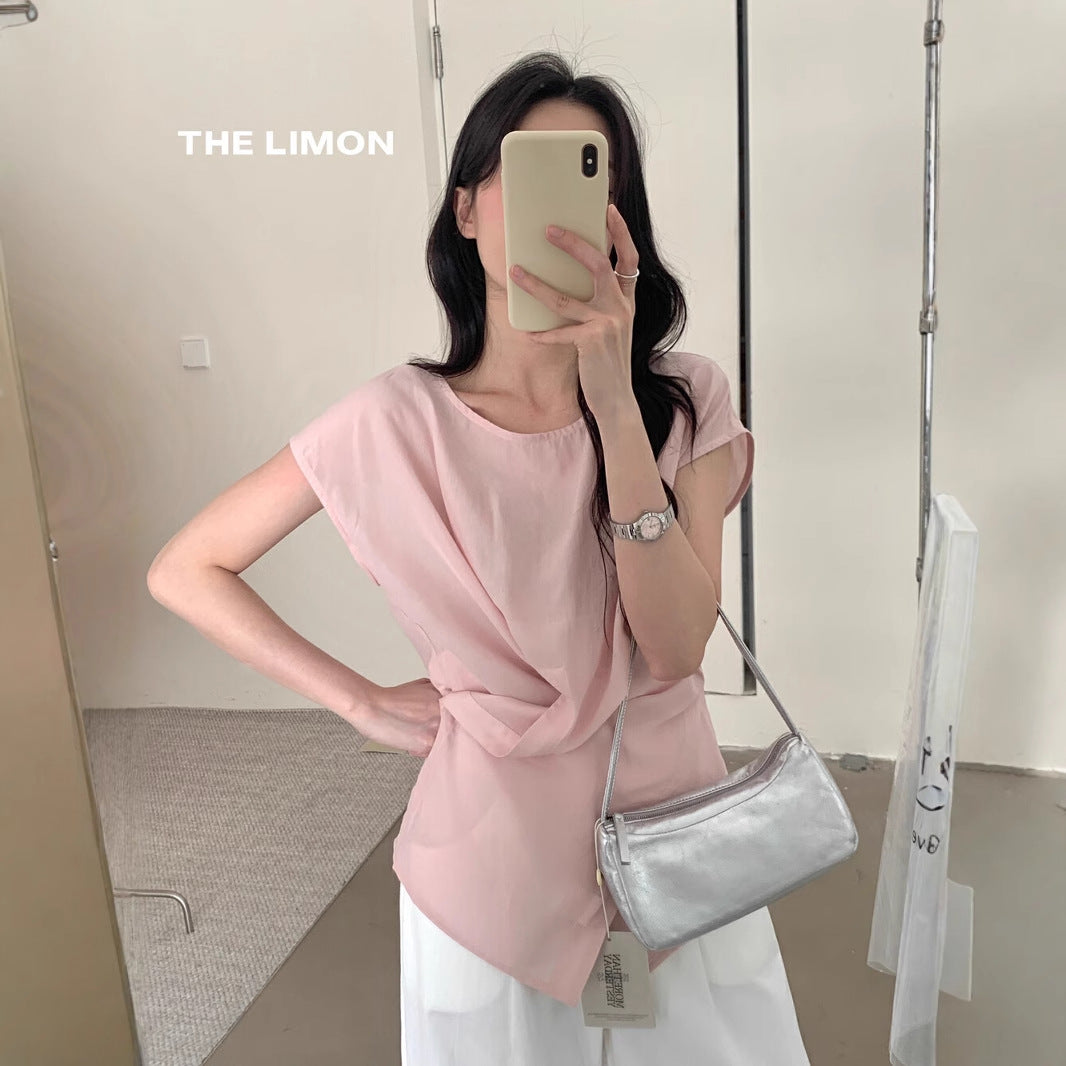 【L8689】實拍檸檬夏季簡約交叉後繫帶襯衫上衣250421
