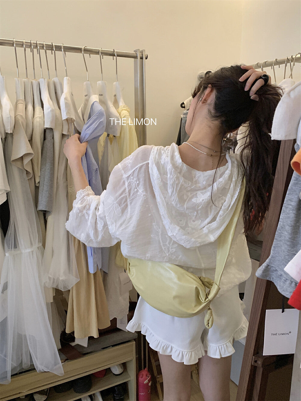 【L8509】實拍檸檬春夏蕾絲刺繡連帽長袖襯衫250414