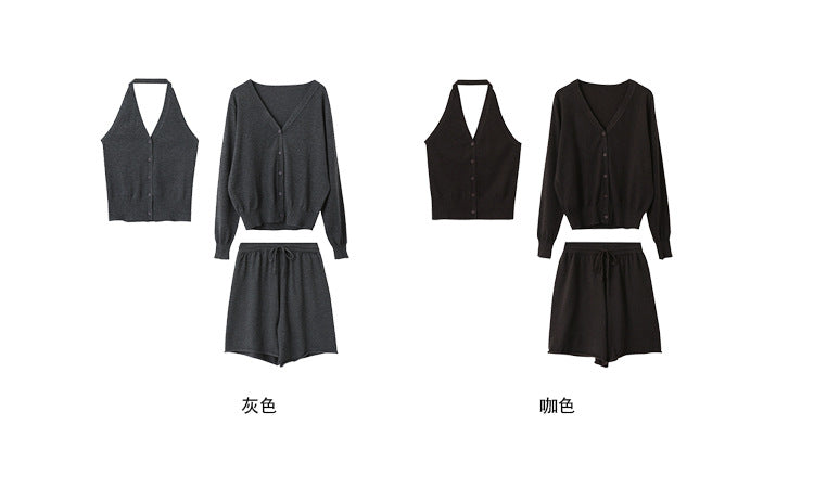 【L3147】實拍初秋掛脖吊帶+開衫外套+短褲針織(含羊毛6%) 250827