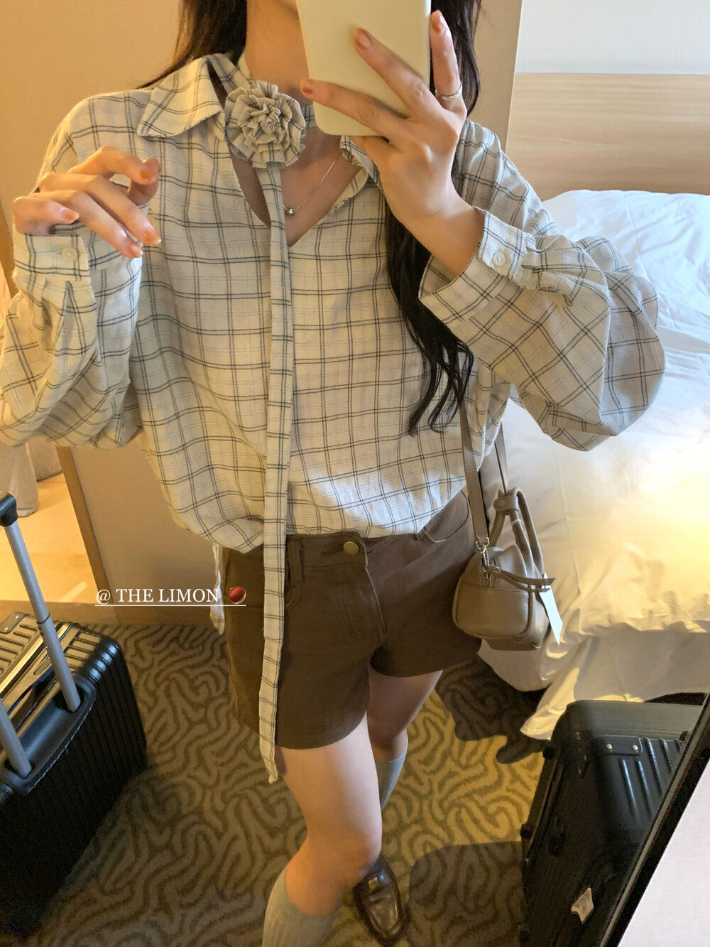 【L9113】實拍檸檬家早秋法式時髦復古格紋長袖襯衫+胸花可拆250901