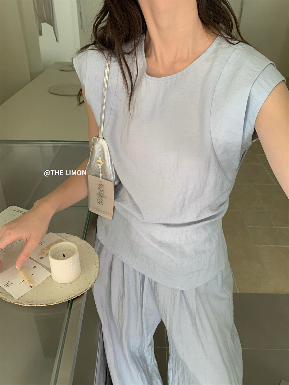 【L8792】實拍檸檬家 夏季亞麻收腰上衣+高腰闊腿褲 套裝250519