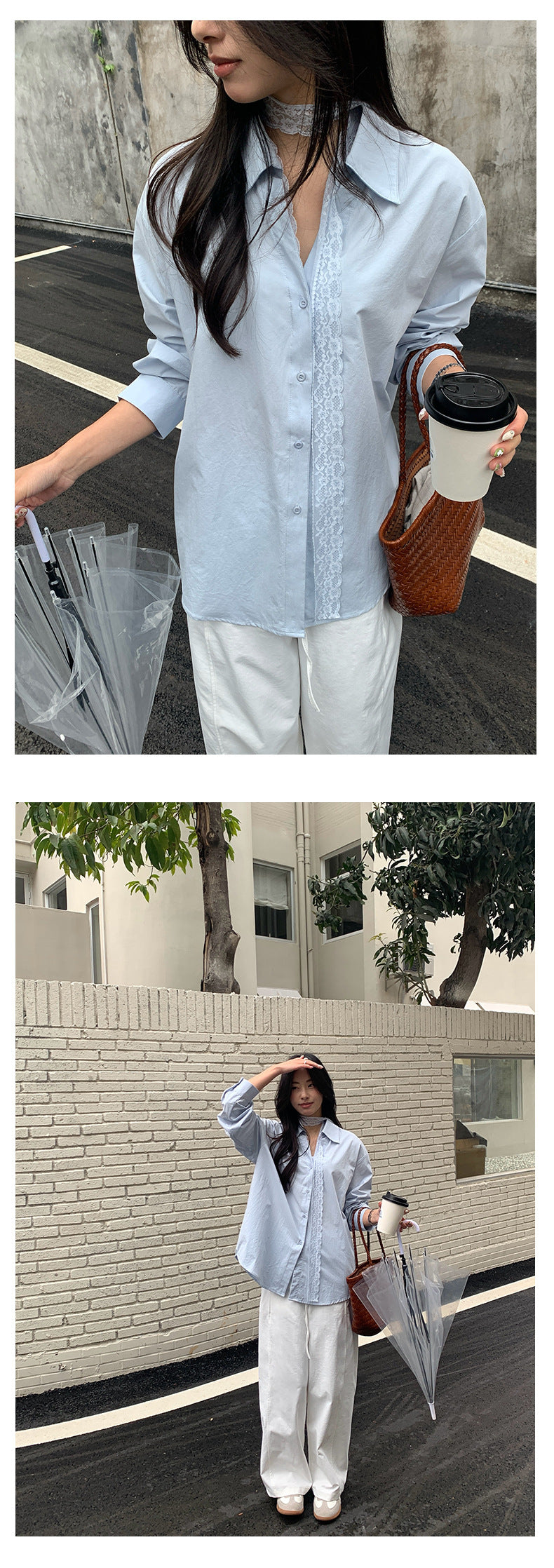 【H5098】實拍蕾絲繫帶寬鬆長袖襯衫250310