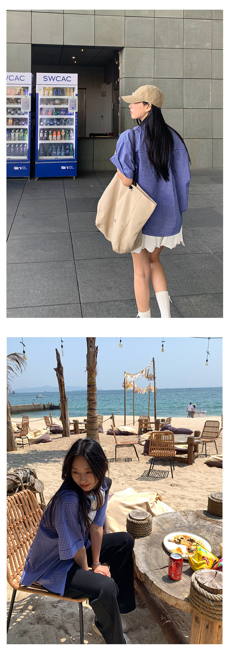 【H5154】實拍春夏復古藍白細格短袖襯衫250331