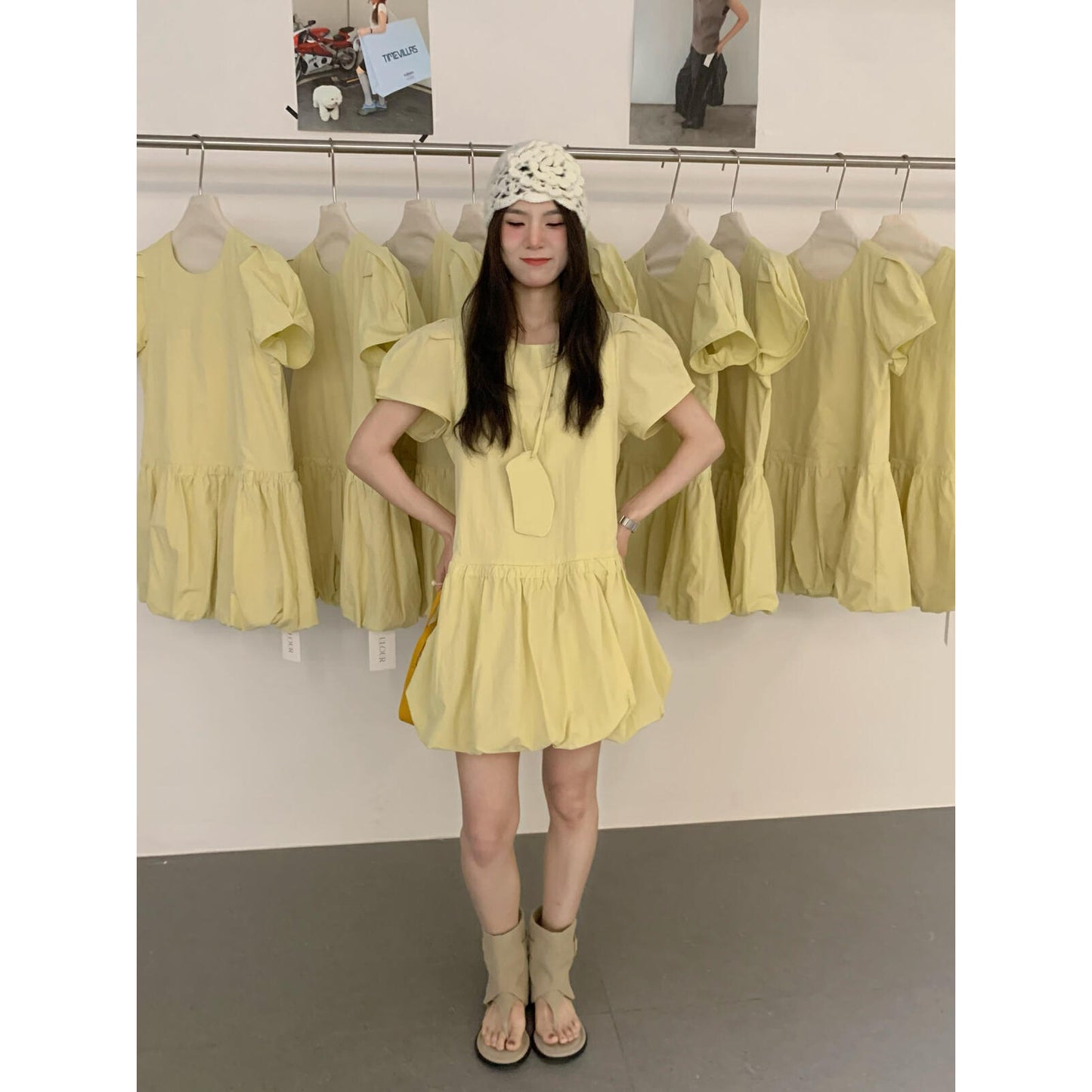 【L92807】實拍春夏甜美花苞裙短袖連衣裙+小包包250505