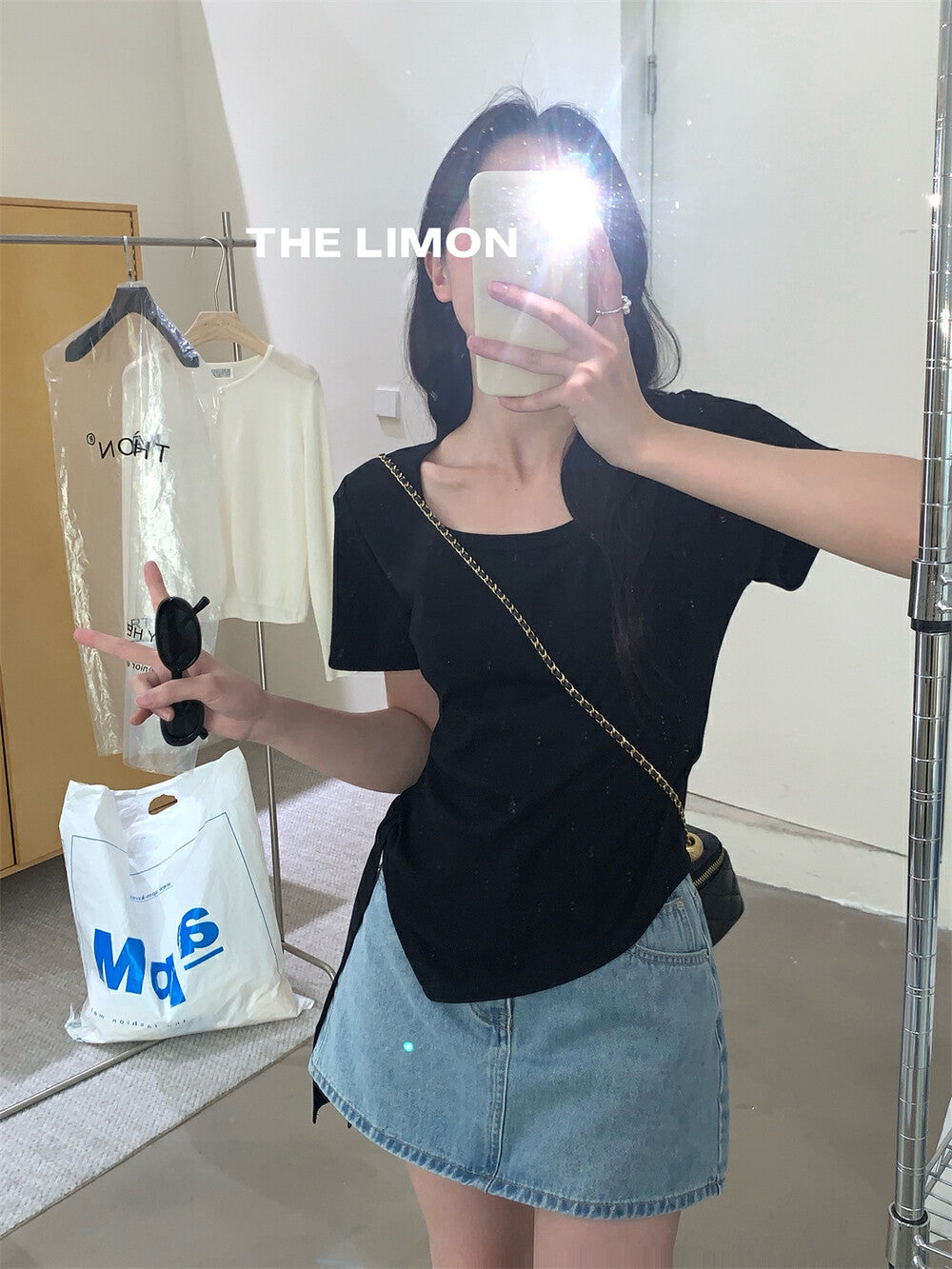 【L8668】實拍檸檬圓領綁帶不規則短袖T恤250421