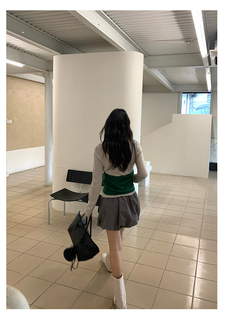 【H5419】實拍韓系美少女工裝褶皺高腰花苞裙250909