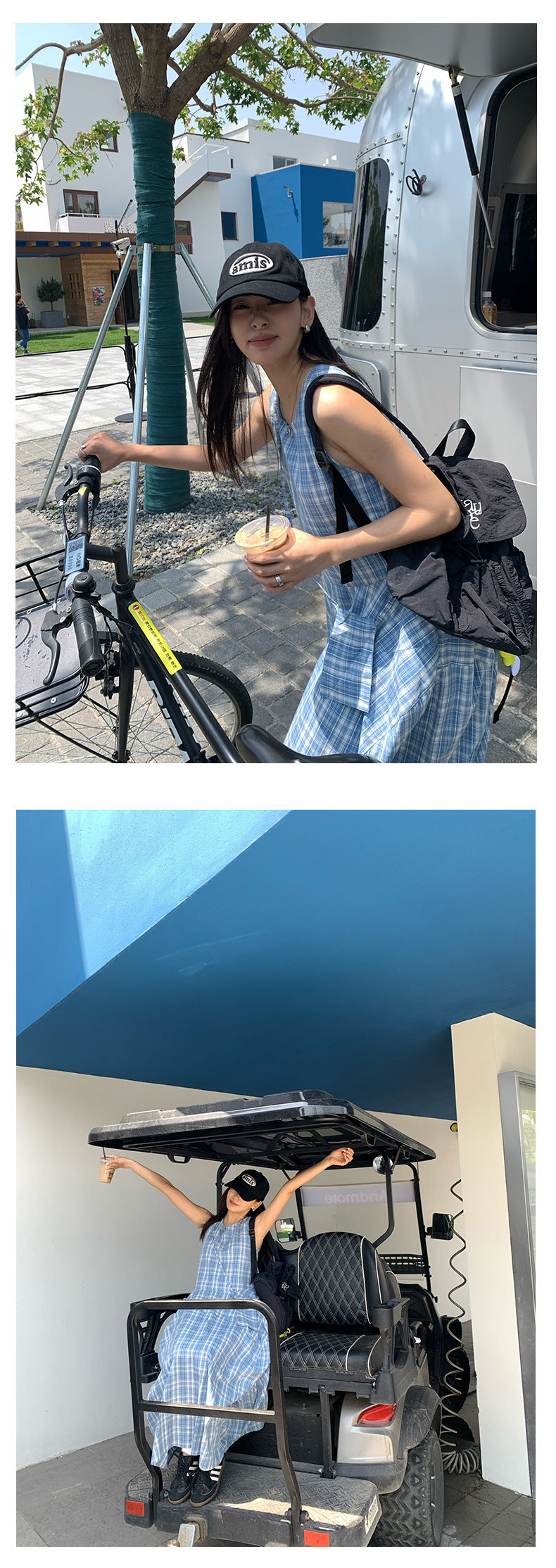 【H5290】實拍夏天韓國復古藍格個性花苞長洋裝+小包250603