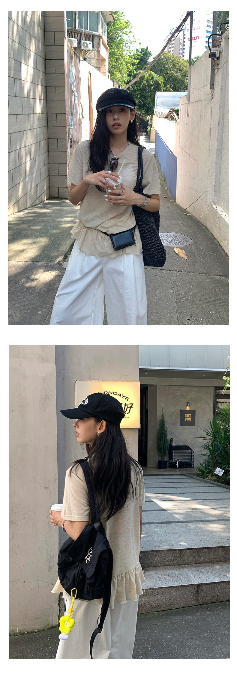 【H5375】實拍燕麥色荷葉下擺短袖T250715