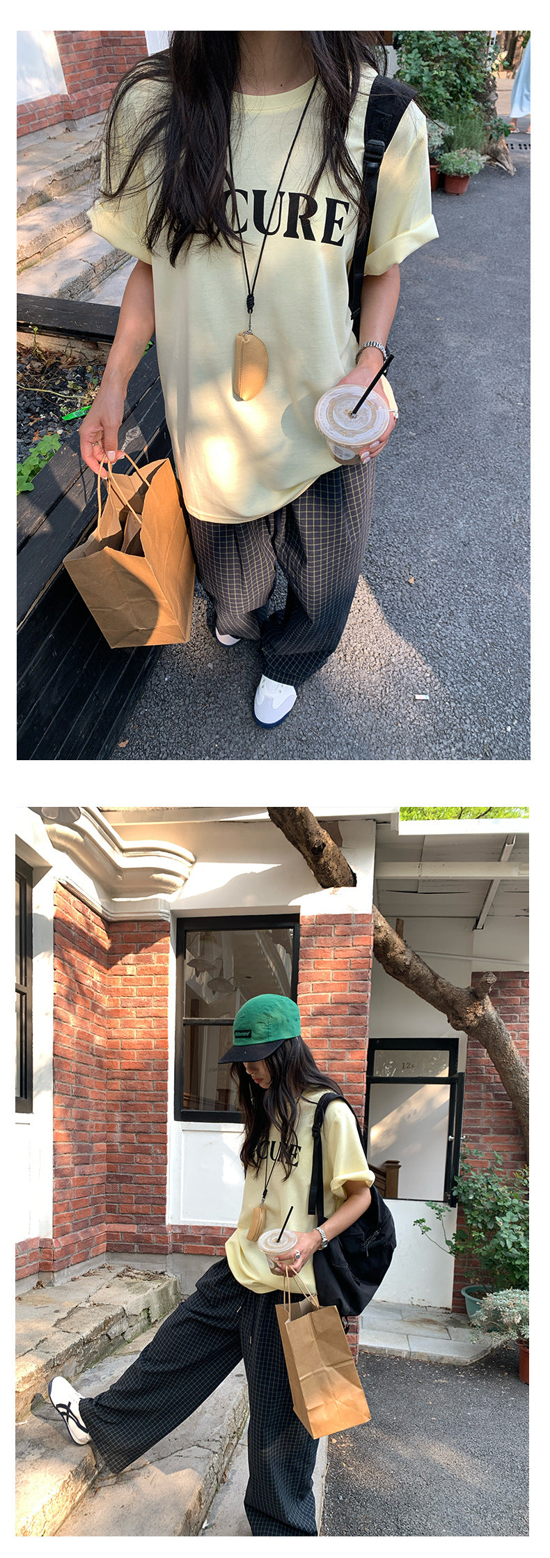 【H5164】實拍夏天舒適休閒格紋寬鬆闊腿褲抽繩鬆緊腰250407