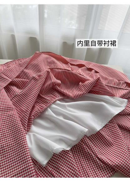 【F60359】實拍夏季寬鬆印花t恤+野餐紅格a字裙＋髮圈250512