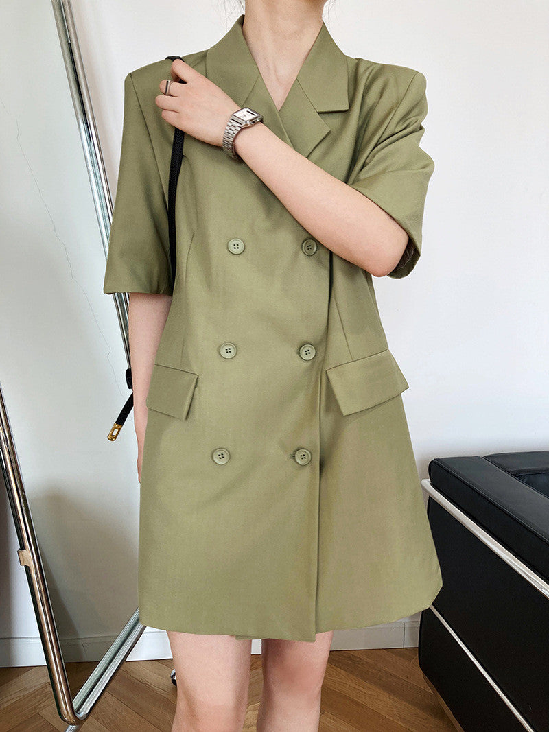 【F04402】實拍韓國法式雙排扣寬鬆薄款西裝連衣裙240422