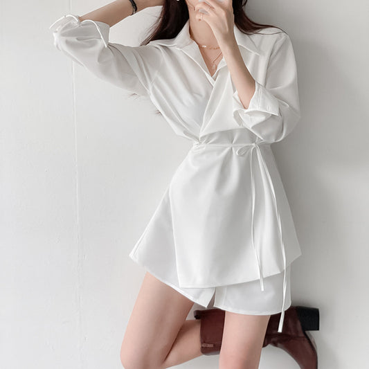 【F03111】韓國設計感綁帶襯衫洋裝240308