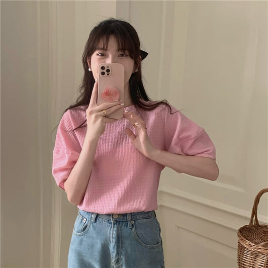 【F60340】實拍韓系簡約泡泡袖肌理短袖T250408