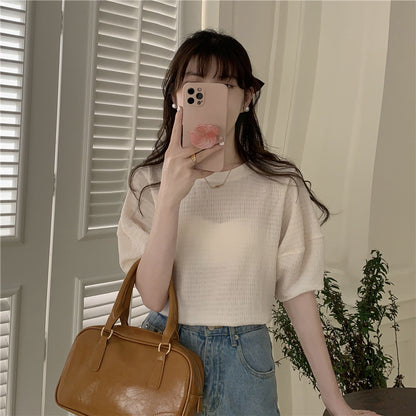 【F60340】實拍韓系簡約泡泡袖肌理短袖T250408