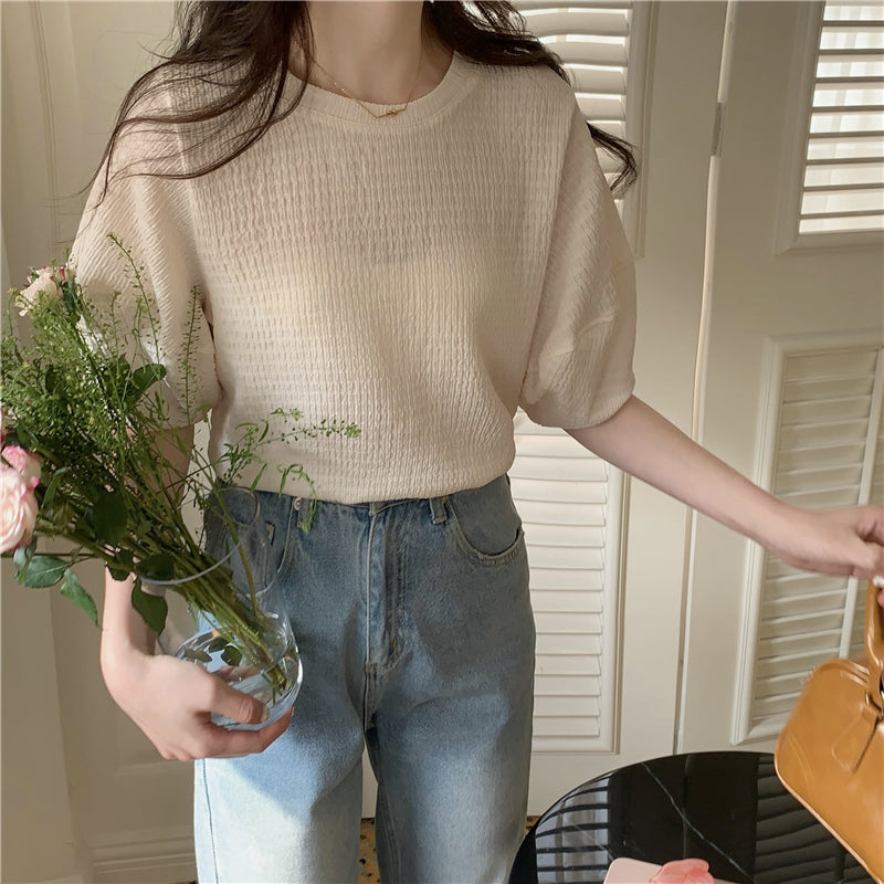 【F60340】實拍韓系簡約泡泡袖肌理短袖T250408
