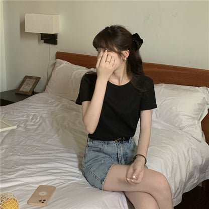 【F60338】實拍簡約圓領華夫格寬鬆T恤250408