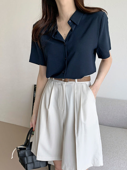 【F03426】韓國夏季法式高級感雪紡短袖襯衫 6色240325