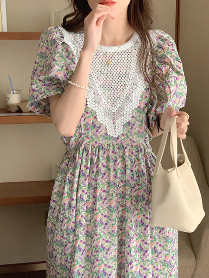 【F60562】氣質溫柔白月光🕊️復古泡泡袖花邊領拼接寬鬆長版連身洋裝260413