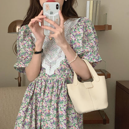 【F60562】氣質溫柔白月光🕊️復古泡泡袖花邊領拼接寬鬆長版連身洋裝260413