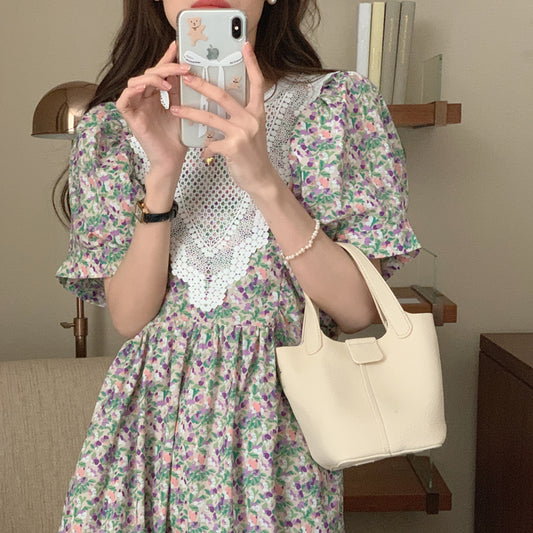 【F60562】氣質溫柔白月光🕊️復古泡泡袖花邊領拼接寬鬆長版連身洋裝260413