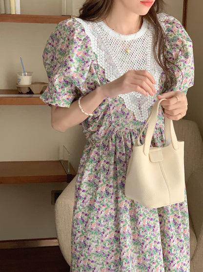 【F60562】氣質溫柔白月光🕊️復古泡泡袖花邊領拼接寬鬆長版連身洋裝260413