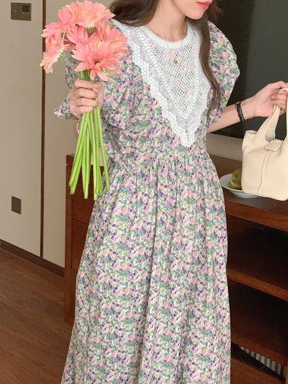 【F60562】氣質溫柔白月光🕊️復古泡泡袖花邊領拼接寬鬆長版連身洋裝260413