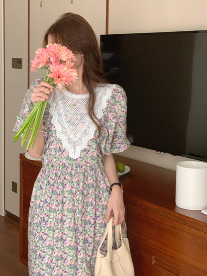 【F60562】氣質溫柔白月光🕊️復古泡泡袖花邊領拼接寬鬆長版連身洋裝260413