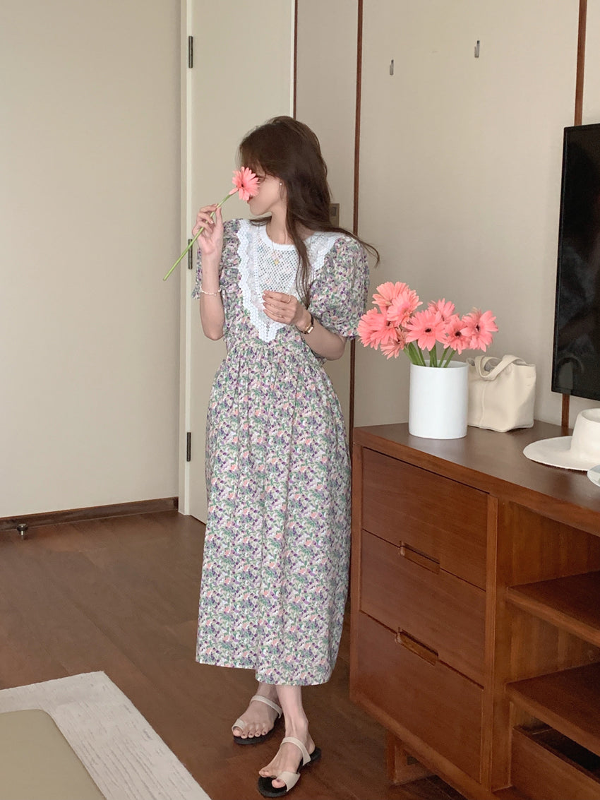 【F60562】氣質溫柔白月光🕊️復古泡泡袖花邊領拼接寬鬆長版連身洋裝260413