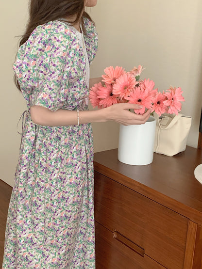 【F60562】氣質溫柔白月光🕊️復古泡泡袖花邊領拼接寬鬆長版連身洋裝260413