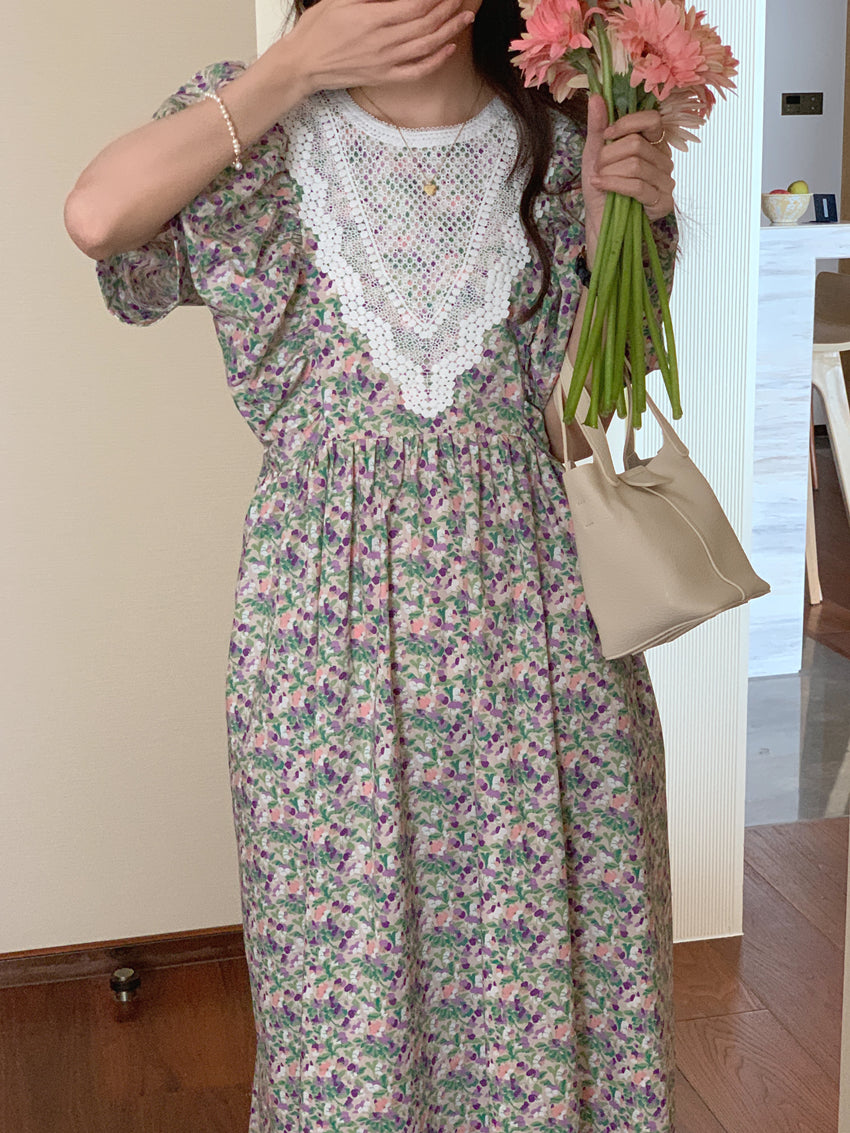 【F60562】氣質溫柔白月光🕊️復古泡泡袖花邊領拼接寬鬆長版連身洋裝260413