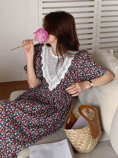 【F60562】氣質溫柔白月光🕊️復古泡泡袖花邊領拼接寬鬆長版連身洋裝260413