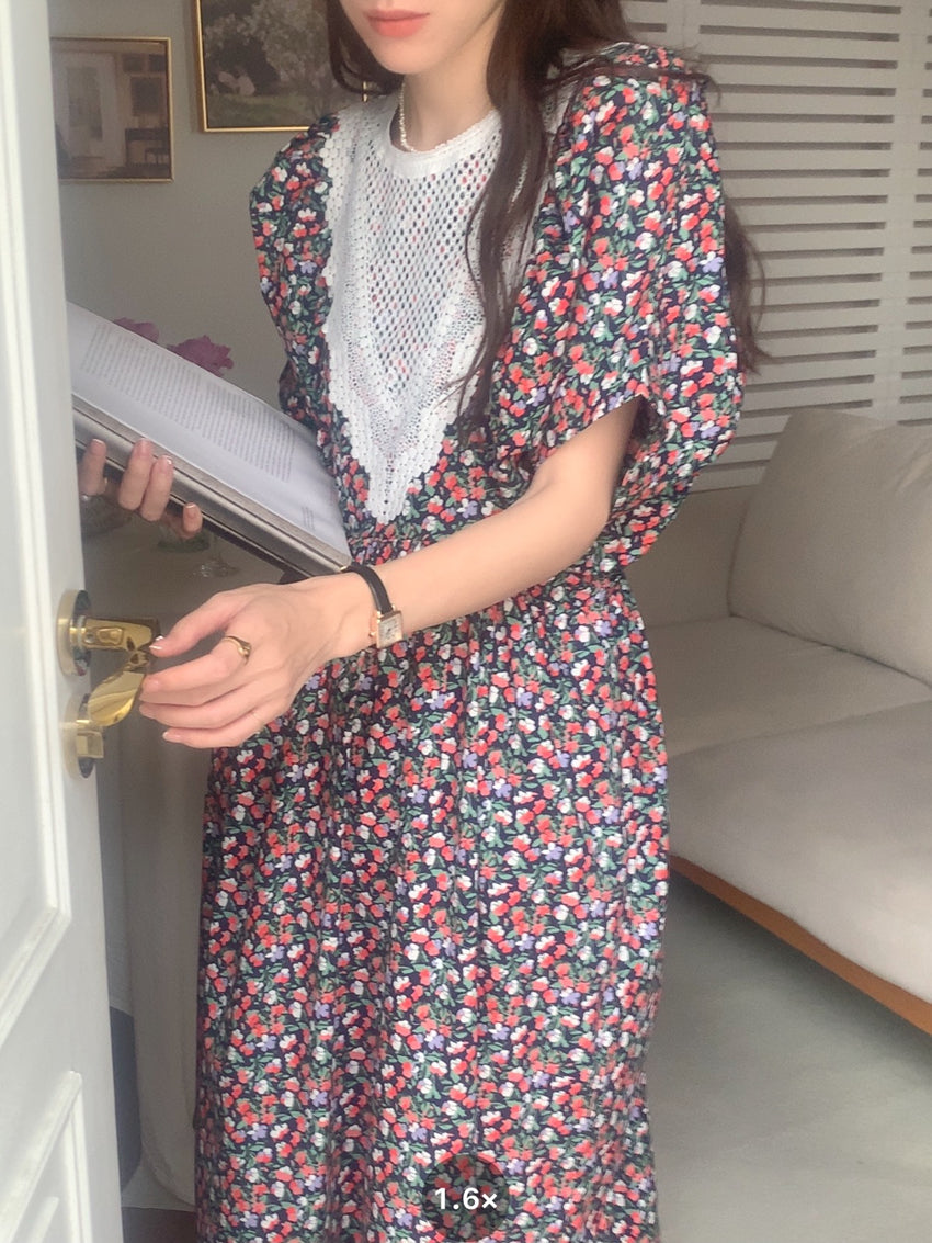 【F60562】氣質溫柔白月光🕊️復古泡泡袖花邊領拼接寬鬆長版連身洋裝260413