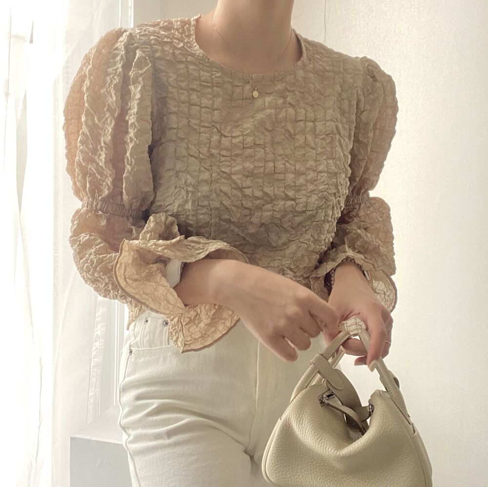 【F10352】韓國早秋法式仙氣泡泡皺褶圓領燈籠袖襯衫231016