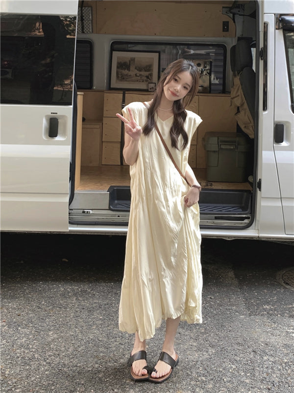 【F07127】實拍韓系簡約寬鬆顯瘦純色褶皺氣質洋裝230703