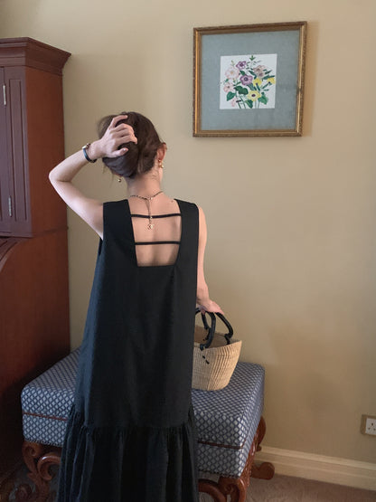 【F60321】實拍法式優雅復古寬鬆露背洋裝250408
