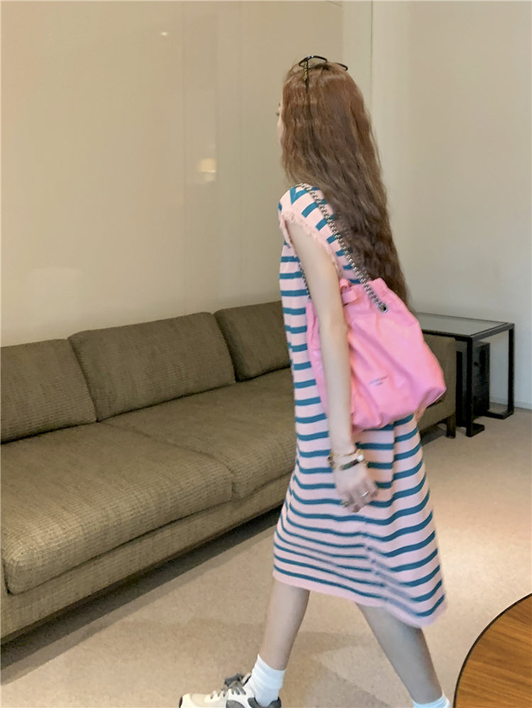 【F05501】實拍夏季韓版寬鬆撞色條紋洋裝230529