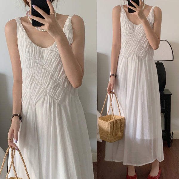 【F05138】甜美度假海邊韓風chic 鬆緊顯瘦簡約白色連衣裙230501