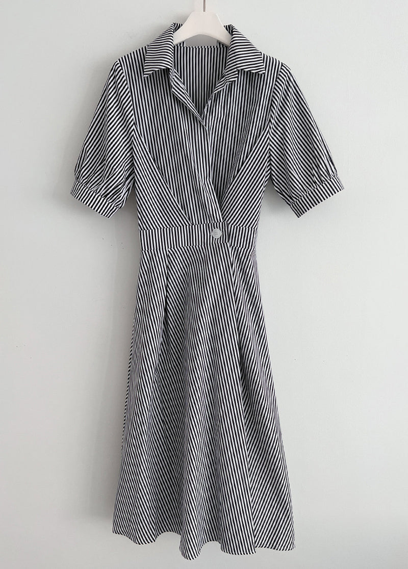 【F04436】夏季法式氣質收腰顯瘦大裙襬條紋連衣裙240422