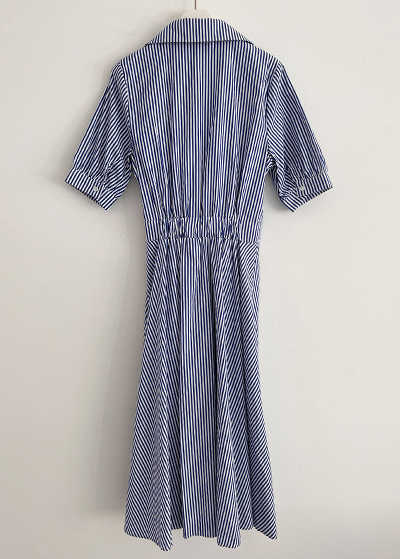 【F04436】夏季法式氣質收腰顯瘦大裙襬條紋連衣裙240422