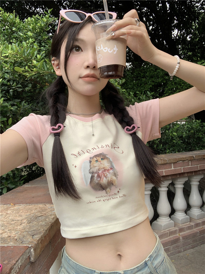 【F05129】實拍韓版可愛撞色貓咪印花甜美短袖T恤230501