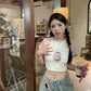 【F05129】實拍韓版可愛撞色貓咪印花甜美短袖T恤230501