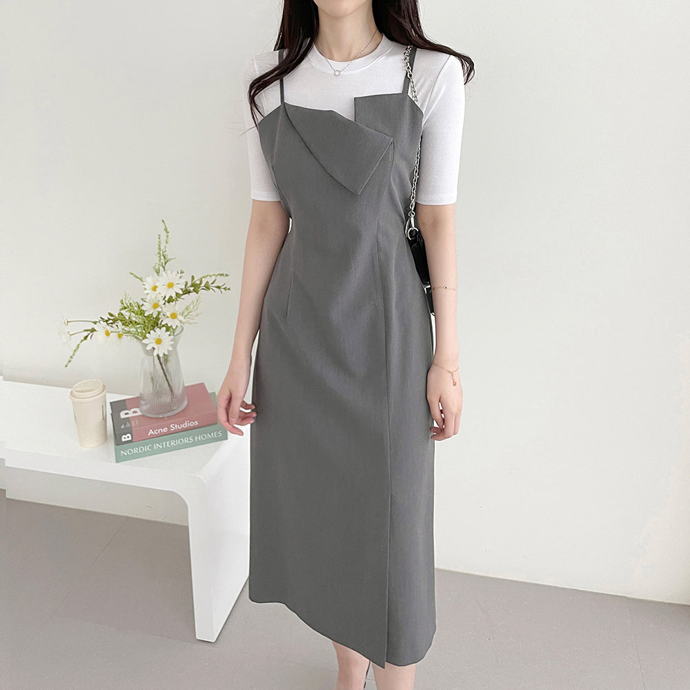 【F05207】實拍韓版法式簡約設計款氣質繫帶吊帶洋裝230508
