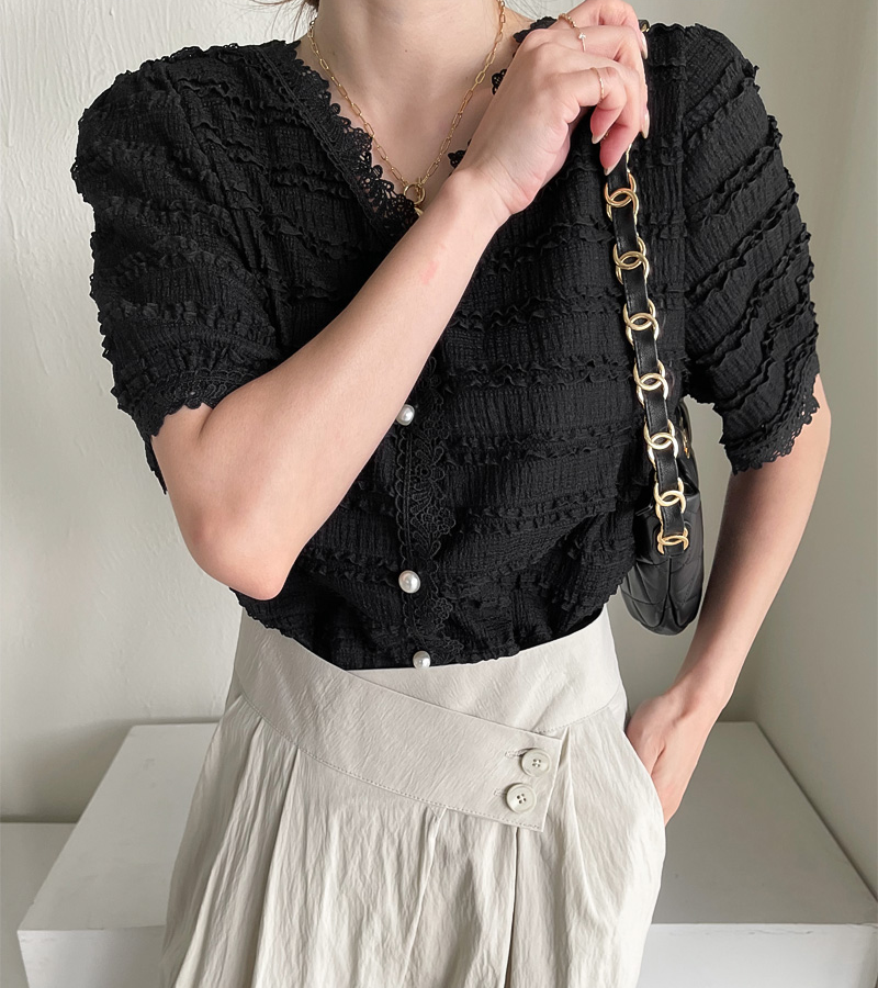 【F05422】韓國夏季花邊蕾絲時尚珍珠扣襯衫230522