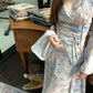 【F03134】韓國復古氣質温柔性感度假藍色碎花一片式喇叭袖連衣裙240308