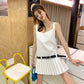 【F06123】實拍夏天時髦復古白色直筒吊帶百褶西裝洋裝（含皮帶）230605
