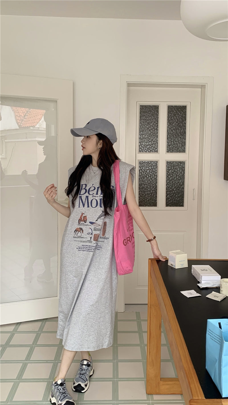 【F034269】實拍夏日印花無袖墊肩T恤洋裝250325