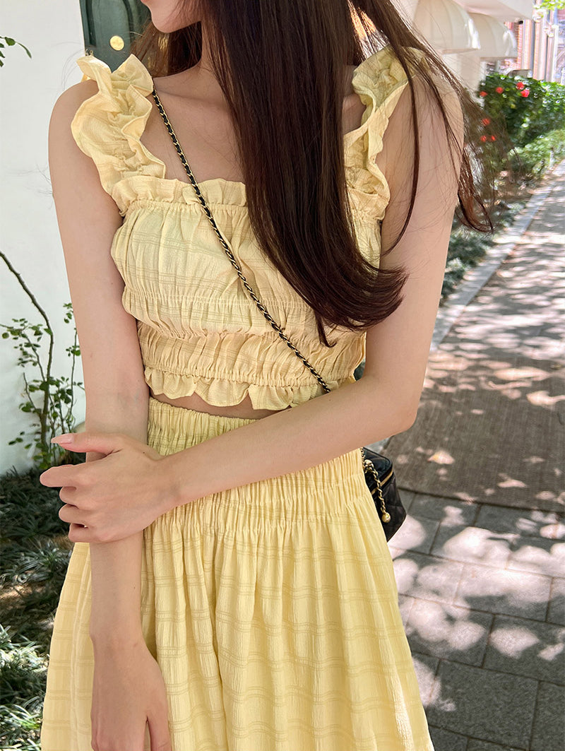 【F06412】韓國夏天甜美背心吊帶+高腰鬆緊腰裙 套裝230626