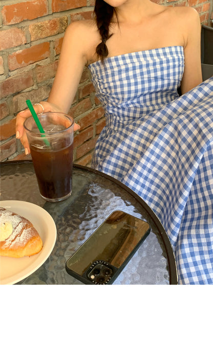 【F60624】復古度假氛圍🌴甜美平口設計感抓皺收腰格紋洋裝260609