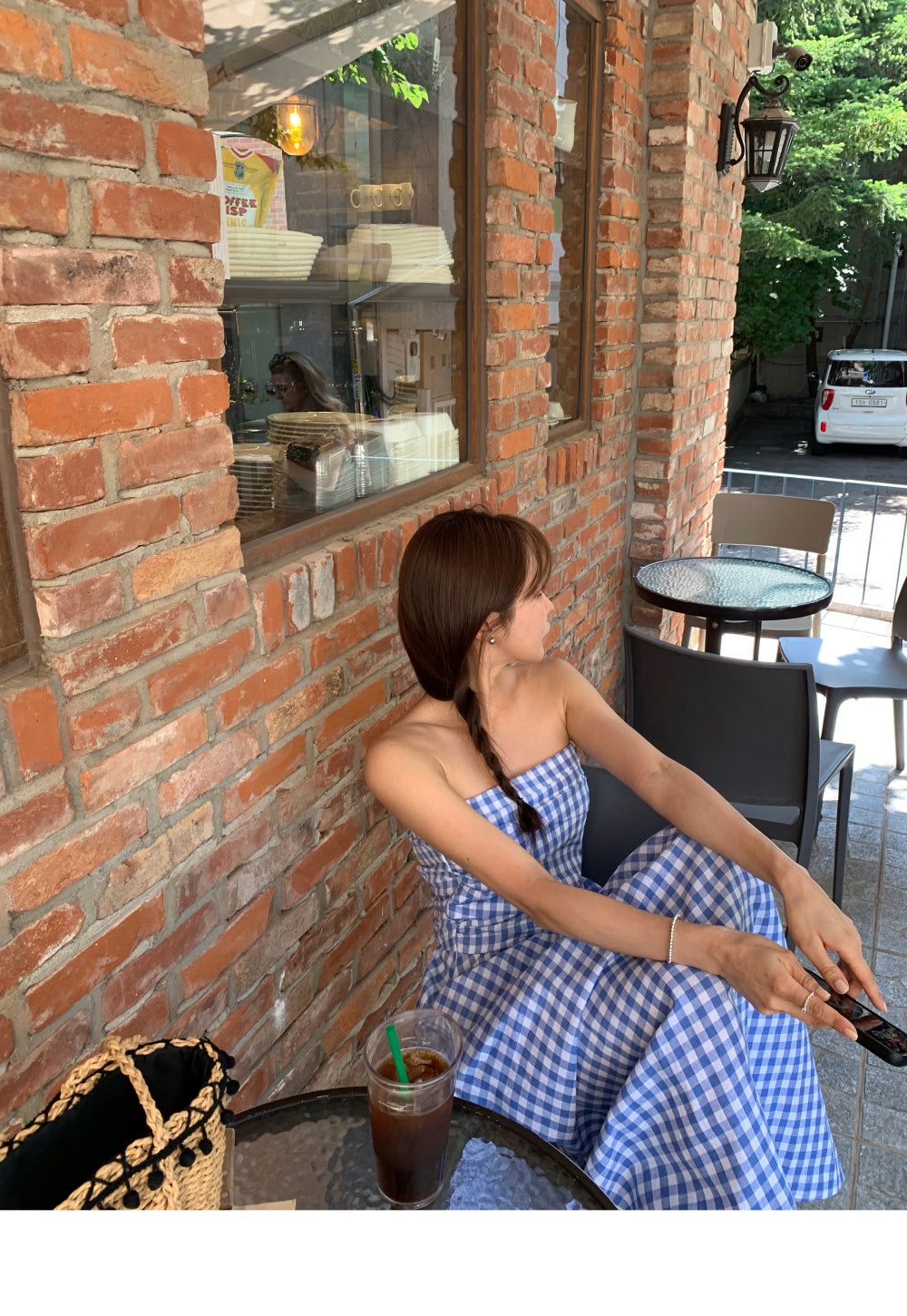 【F60624】復古度假氛圍🌴甜美平口設計感抓皺收腰格紋洋裝260609