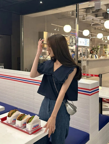 【F60478】韓版夏季甜美簡約娃娃領上衣250616